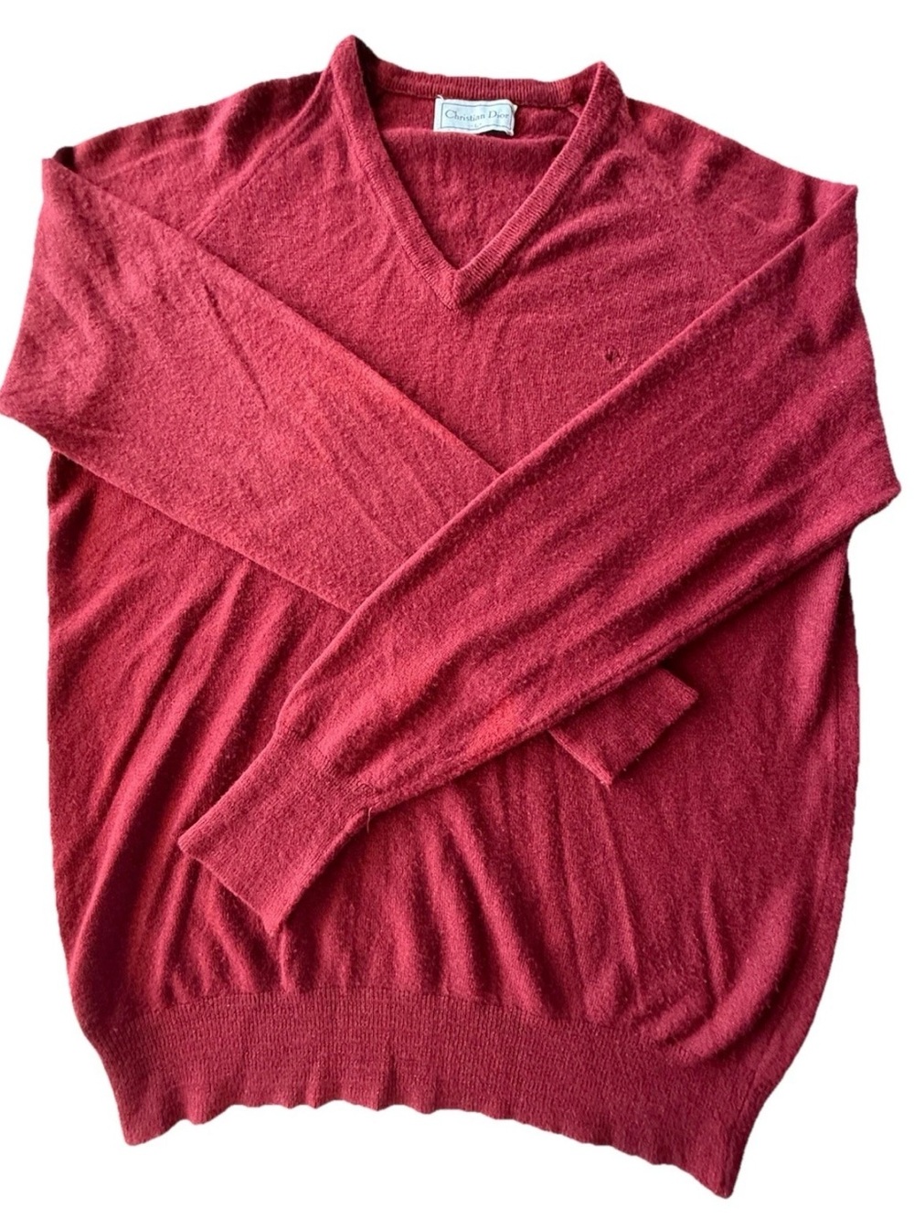 Vintage Christian Dior Monsieur Burgundy V Neck Sweater Large 80s Classic Knit